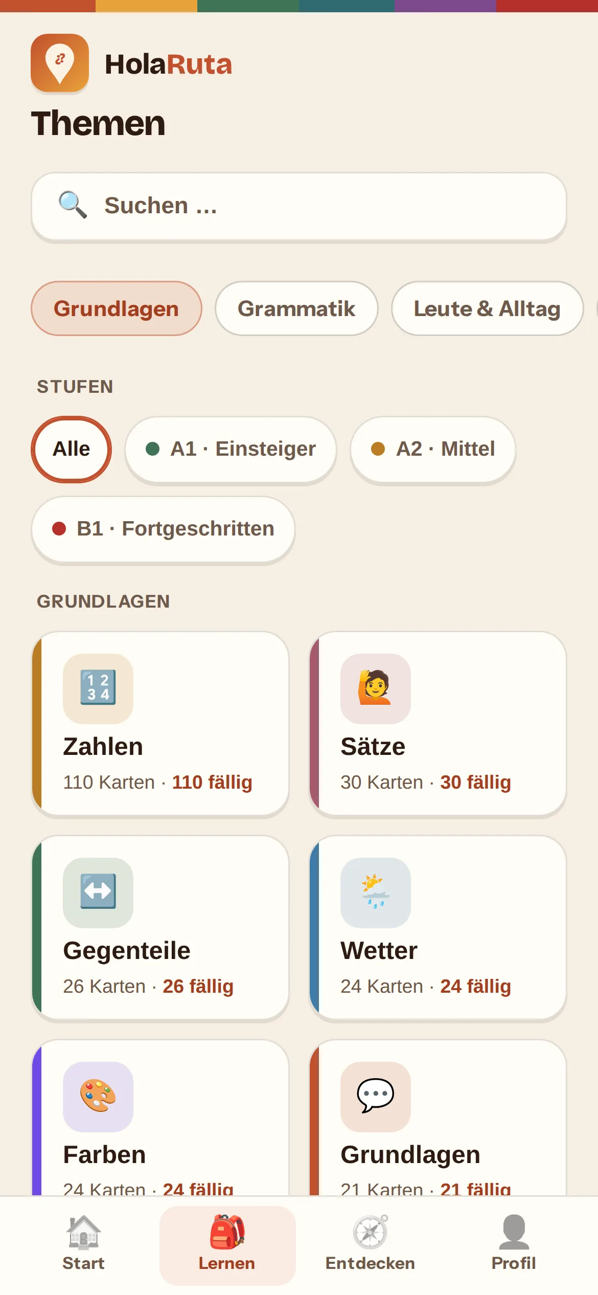 HolaRuta Startseite mit Reise-Bereichen