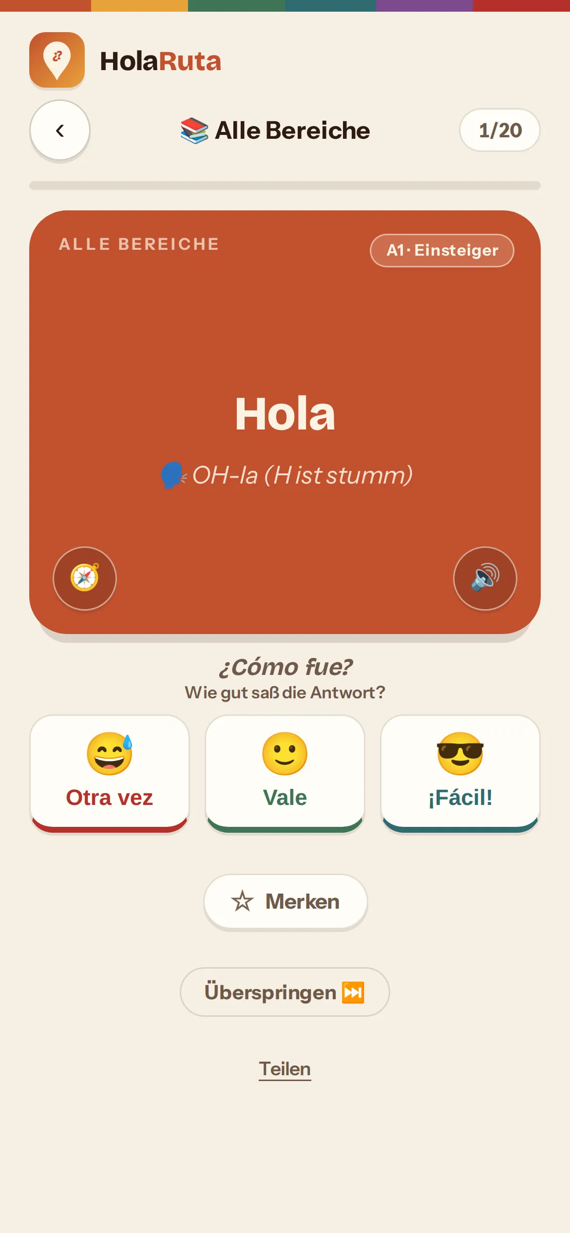 Aufgedeckte Karteikarte mit Aussprache und Bewertung