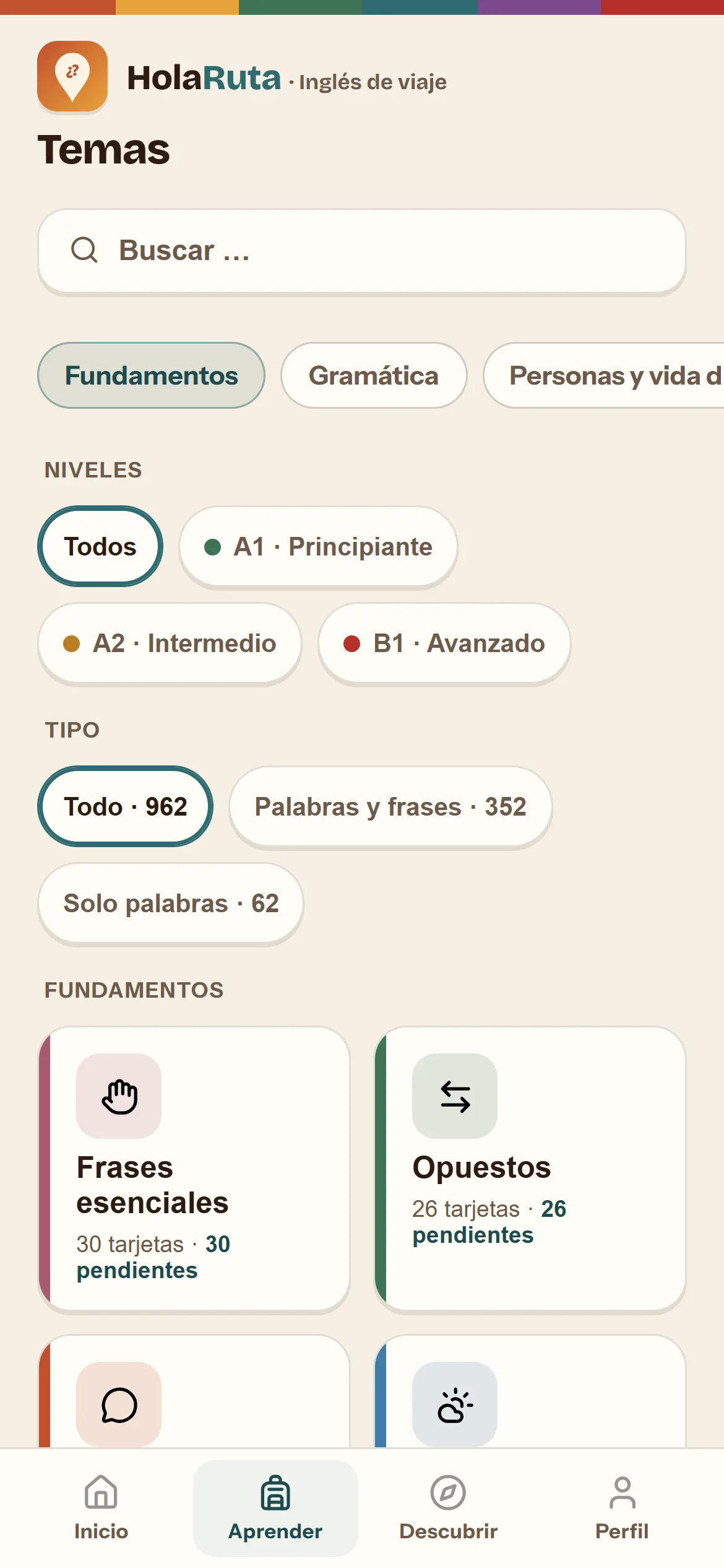 Pantalla de inicio de HolaRuta · Inglés de viaje en español