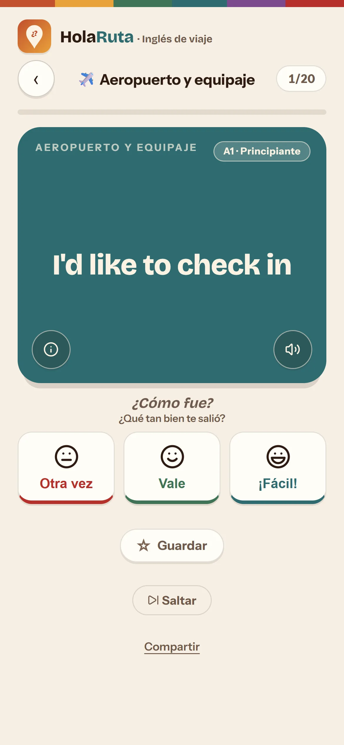 Tarjeta de inglés de viaje con audio