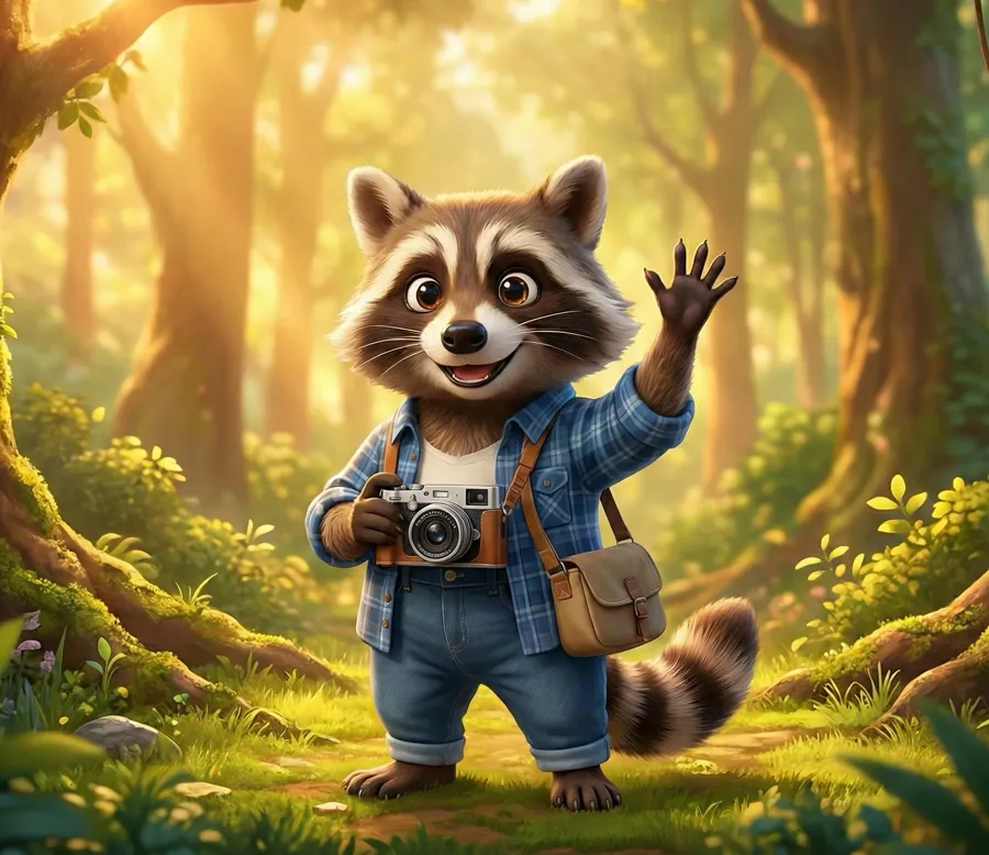 Das mymories-Maskottchen: ein illustrierter Waschbär mit Kamera und Umhängetasche im Wald